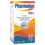 50 yaş ve üzeri bireyler için etiketlenmiş, multivitamin, mineral ve Omega 3 içeren Pharmaton 50+ kutusu, mavi, turuncu ve beyaz geçişli tasarımla, 30 kapsül.
