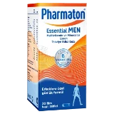 Erkeklere özel günlük formül olarak etiketlenmiş, multivitamin ve mineral içeren Pharmaton Essential Men kutusu, mavi, turuncu ve beyaz geçişli tasarımla, 30 film kaplı tablet.