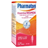 Kadınlara özel günlük formül olarak etiketlenmiş, multivitamin ve mineral içeren Pharmaton Essential Women kutusu, pembe, turuncu ve beyaz geçişli tasarımla, 30 film kaplı tablet.