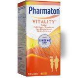 Multivitamin, mineral ve Kore ginsengi içeren Pharmaton Vitality kutusu, turuncu, sarı ve beyaz geçişli tasarımla, Ginseng G115 ibareli, 30 tablet.