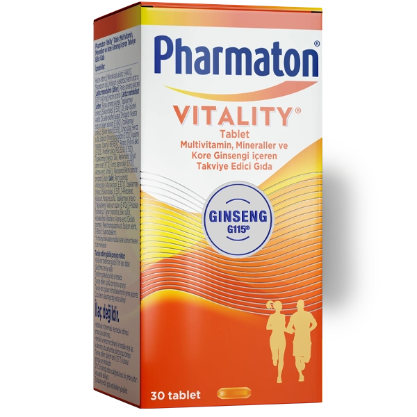 Multivitamin, mineral ve Kore ginsengi içeren Pharmaton Vitality kutusu, turuncu, sarı ve beyaz geçişli tasarımla, Ginseng G115 ibareli, 30 tablet.