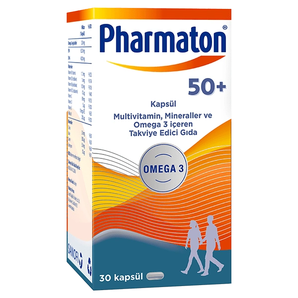 50 yaş ve üzeri bireyler için etiketlenmiş, multivitamin, mineral ve Omega 3 içeren Pharmaton 50+ kutusu, mavi, turuncu ve beyaz geçişli tasarımla, 30 kapsül.