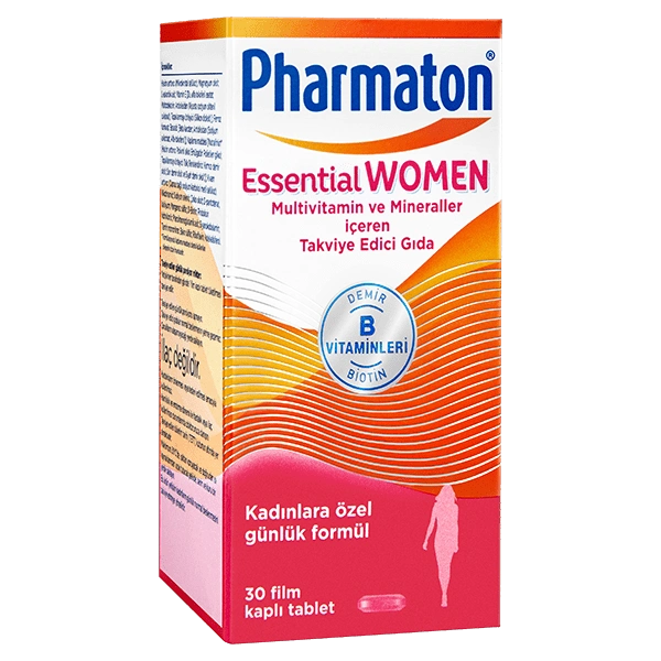 Kadınlara özel günlük formül olarak etiketlenmiş, multivitamin ve mineral içeren Pharmaton Essential Women kutusu, pembe, turuncu ve beyaz geçişli tasarımla, 30 film kaplı tablet.