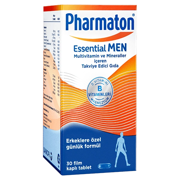 Erkeklere özel günlük formül olarak etiketlenmiş, multivitamin ve mineral içeren Pharmaton Essential Men kutusu, mavi, turuncu ve beyaz geçişli tasarımla, 30 film kaplı tablet.