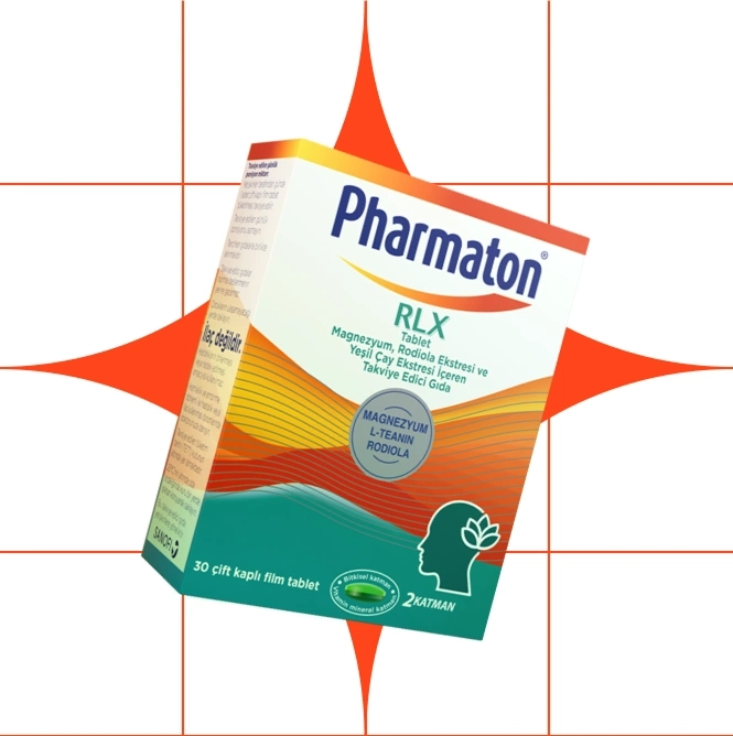 Magnezyum, Rhodiola ekstresi ve yeşil çay ekstresi içeren Pharmaton RLX tablet kutusu, yeşil, turuncu ve beyaz geçişli tasarımla, kırmızı yıldız patlaması arka planının önünde.